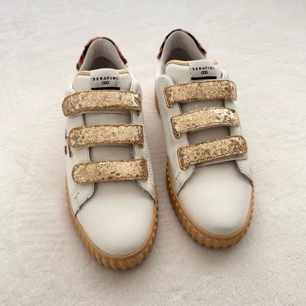Serafini Madison White & Gold Glitter Slip On Velcro Shoes Size US 8.5 EURO 39